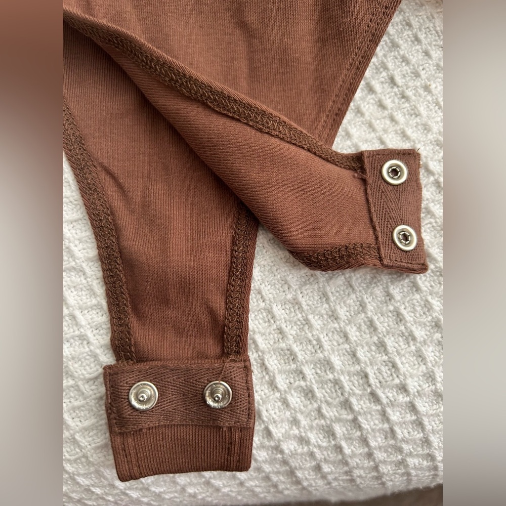 New Future Collective Reese Blutstein Mocha Henley Bodysuit Minimalist Academia - Picture 6 of 9